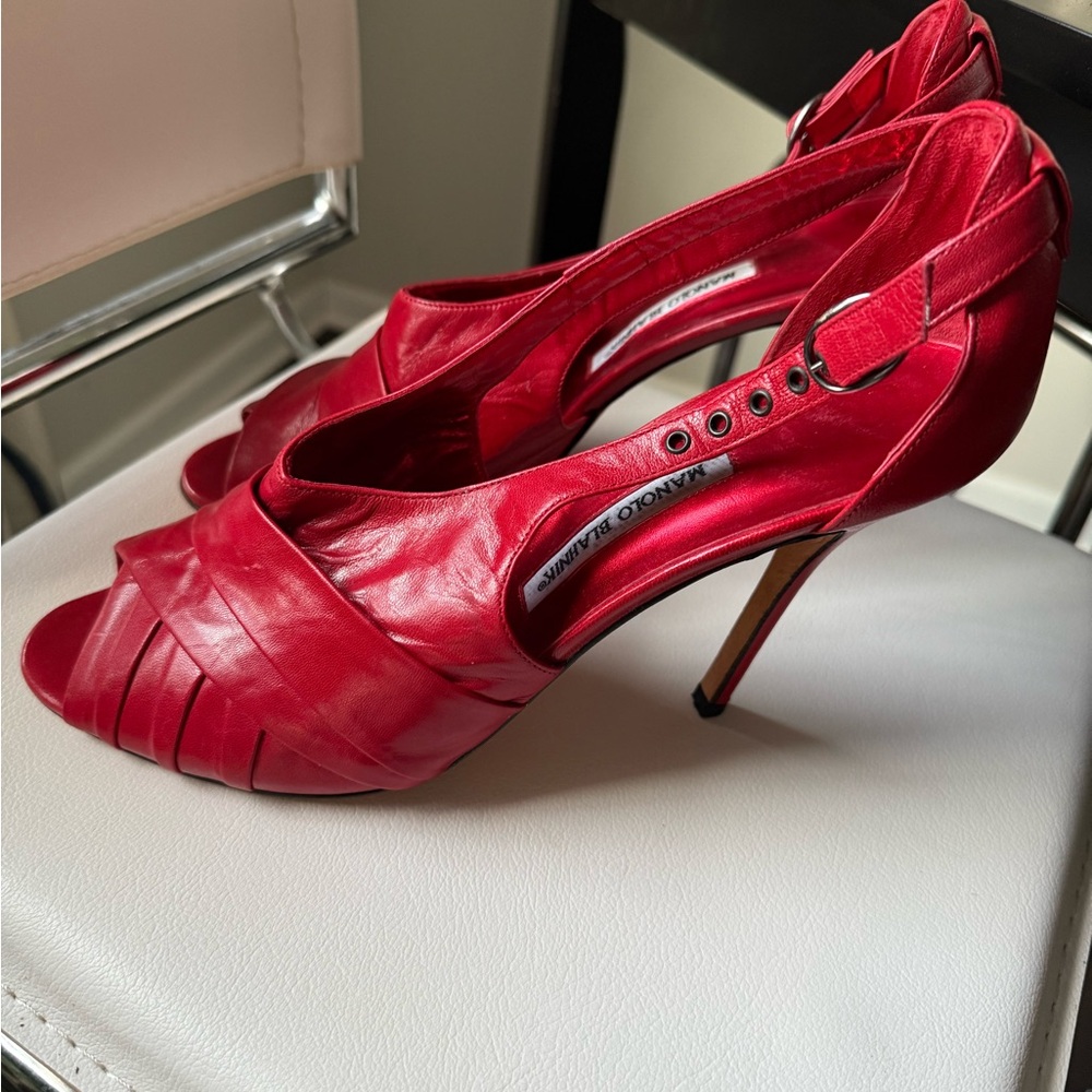 Manolo Blahnik Red Glossy Heels with Lattice Straps